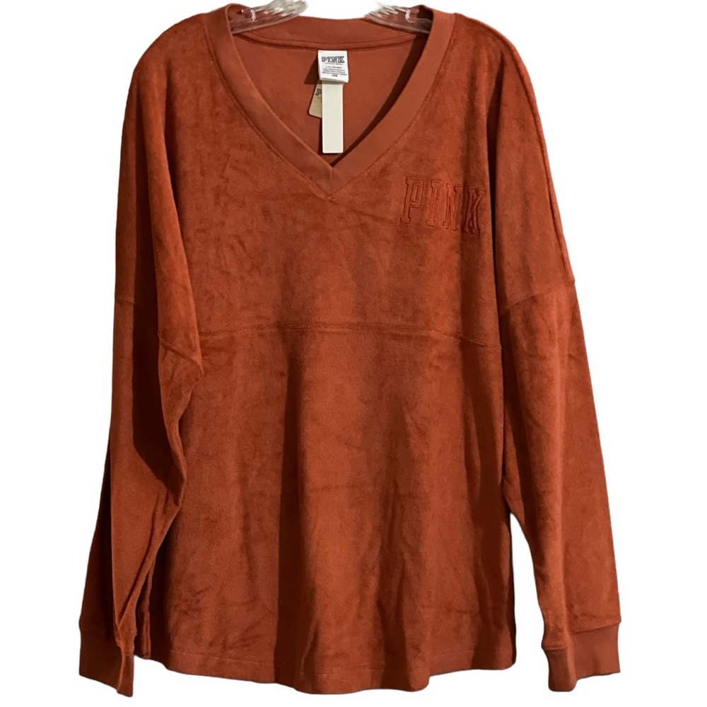 PINK Victoria’s Secret Sweatshirt Large Varsity Terry V-Neck Oversized Brown